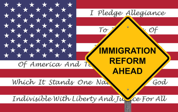 Caution Sign - Immigration Reform With Flag Background And Pledge