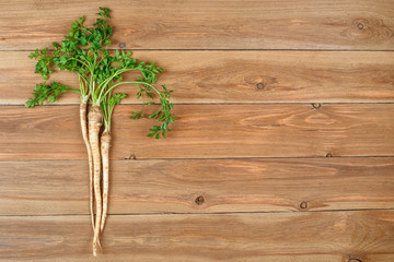parsley roots on table top view