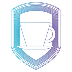 logo shield decorative of cup of coffee with handle on dish gradient color silhouette from blue to purple vector illustration