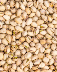Dry pistachios as food background. Top view.
