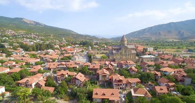 panoramic video of  old capital of Georgia. Mtskheta. The main church,  village with red roofs and  river