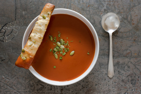 Tomato Soup with Pumpkin Seed Bread Stick