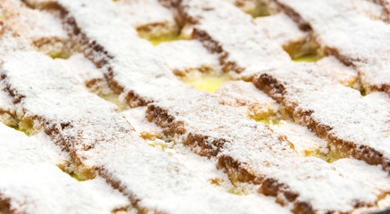 Sweet baked pie as food background. Close up.