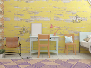 Rustic bedroom with work place, old yellow hardwood and brick wall, modern rug on the hardwood floor