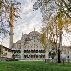 Exterior day shot of Sultan Ahmed Mosque (Blue Mosque), an Ottoman imperial mosque located in Sultan Ahmed Square, Istanbul, Turkey