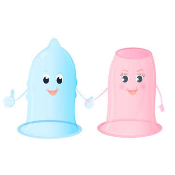 Funny characters Female and male condoms. World Contraception Day