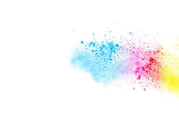 Multicolored powder explosion on white background.