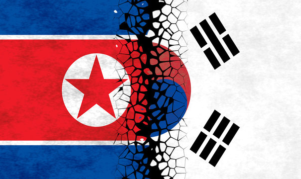 Flags of North and South Korea separated in the middle