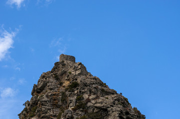 Corsica, 03/09/2017: vista della Torre di Seneca, antica torre genovese del XVI secolo nel cuore del Capo Corso, costruita come torre di guardia, monumento storico dal 1840