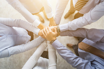 Stack of hands. Unity and teamwork concept.