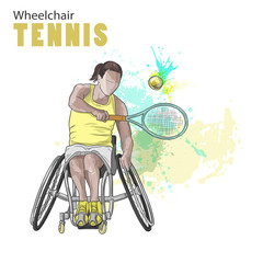 Hand drawn illustration. Wheelchair Tennis athlete. Vector sketch sport. Graphic figure of disabled girl with a racket and ball. Active people. Recreation lifestyle. Handicapped people.