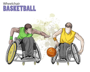 Hand drawn illustration. Wheelchair Basketball. Vector sketch sport. Graphic figure of disabled athletes with a ball. Active people. Recreation lifestyle. Handicapped people.
