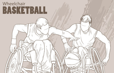 Hand drawn illustration. Wheelchair Basketball. Vector sketch sport. Graphic silhouette of disabled athletes with a ball. Active people. Recreation lifestyle. Handicapped people.