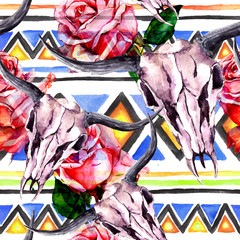 Tribal pattern - animal skull. Seamless background with trendy tribal design. Watercolor