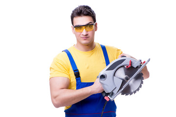 Carpenter wearing coveralls with circular saw isolated on white