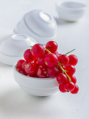 Freschi mirtilli con ciotoline su sfondo bianco