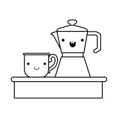 porcelain mug with pile coffee beans and metallic jar of coffee with handle monochrome kawaii silhouette vector illustration