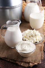 milk products. tasty healthy dairy products on a table on. sour cream in a bowl, cottage cheese bowl, cream in a a bank and milk jar, glass bottle and in a glass