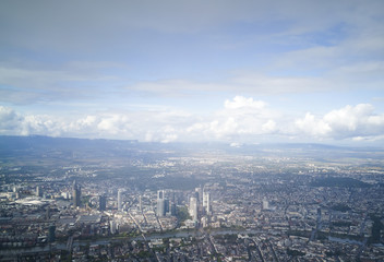 Fototapeta na wymiar Aerial view from the city of Frankfurt. Skyscrapers in the sunlight.
