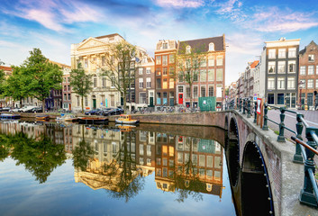 Fototapeta premium Bridges over canals in Amsterdam, Netherlands
