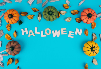 Decorative pumpkins on trendy blue background with fall leaves.