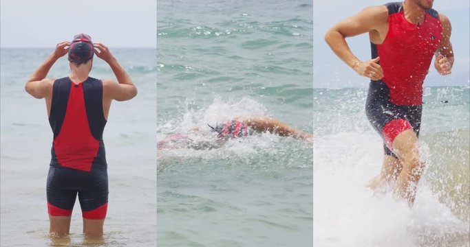 Triathlon swimming - male triathlete man swimmer in ocean doing freestyle crawl strokes. Fit man swimming in professional triathlon suit training for ironman. Composite.