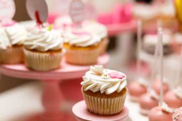 Vanilla cupcakes topped with swirl of sweet vanilla frosting captured on the table in a sunny day.
