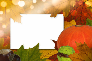 Naklejka na ściany i meble autumn postcard with leaves, acorns, chestnuts and pumpkin