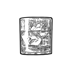 Whiskey glass with ice cubes. Vector vintage black engraving