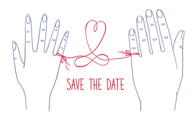 Wedding invitation card. Male and female hands bounded by red string and text "Save the date"