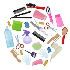 Set of colorful equipments for styling and hair care. Products and tools for home remedies of hair care. Vector