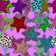 Stars, hand drawn doodle, sketch in naïve, pop art style, seamless pattern design on pink background
