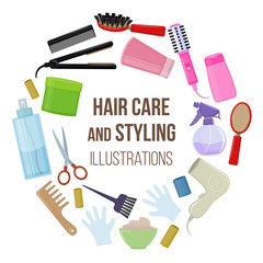 Set of colorful equipments for styling and hair care. Products and tools for home remedies of hair care. Vector