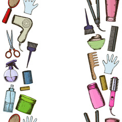Seamless vertical borders of colorful sketch equipments for styling and hair care. Products and tools for home remedies of hair care. Vector