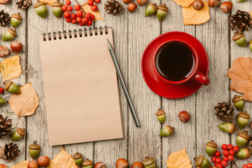 Blank notebook with cup of tea