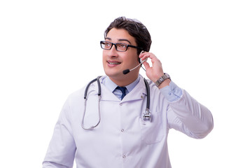 Young doctor with phone headset isolated on white