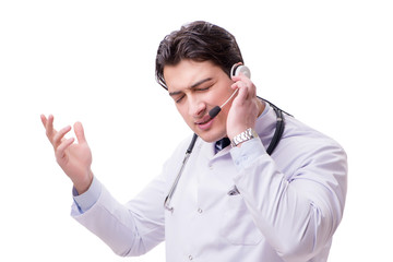 Young doctor with phone headset isolated on white
