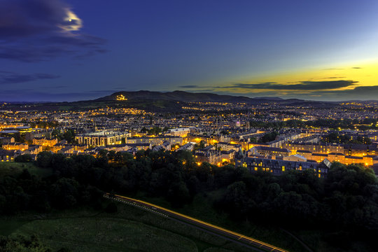 Edinburgh city and Pentland hill in full moon day