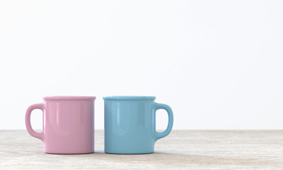two pastel color mug in a living room, 3D render