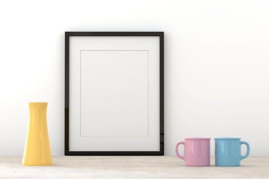 Blank picture frame templates in a living room wall, 3D render