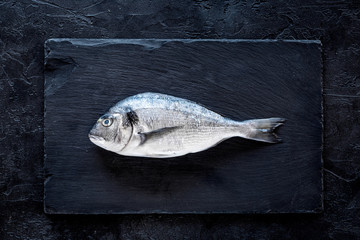 Fresh dorado fish on black background top view