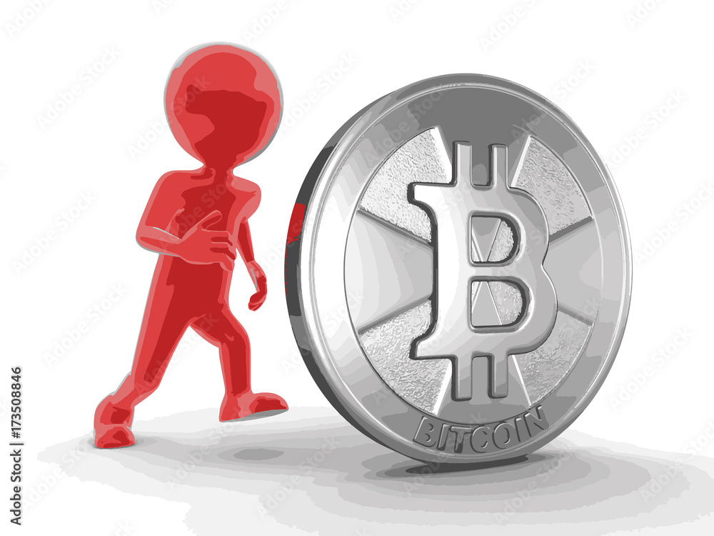 Poster silver bitcoin and man. image with clipping path