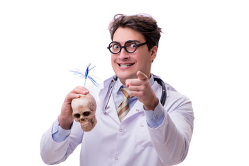 Funny doctor with skull isolated on white
