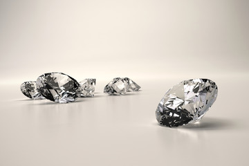Group of diamonds placed on soft tone background, 3D illustration.