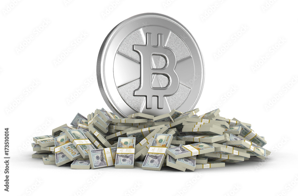 Poster pile of dollars and bitcoin. image with clipping path