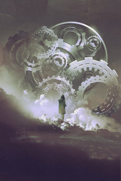 young woman standing in front of big gears and cogs, digital art style, illustration painting