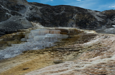 Hot spring water cascading down brown terrace