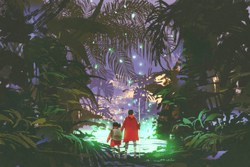 Naklejka premium mężczyzna i dziewczynka patrząc na świecące zielone bagno w lesie fantasy, cyfrowy styl sztuki, malowanie ilustracji