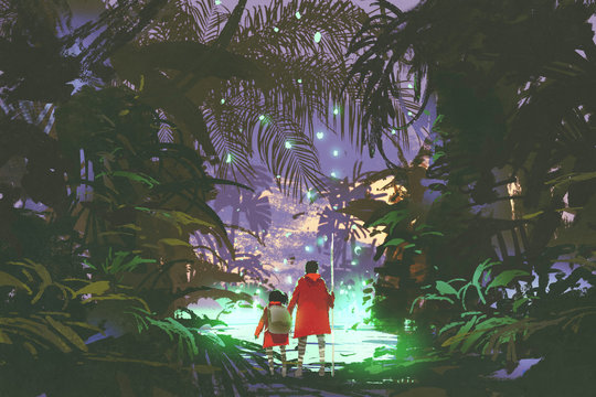 man and little girl looking at the glowing green swamp in fantasy forest, digital art style, illustration painting