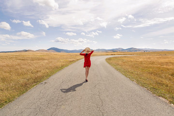 girl in the red dress and hat standing with his back to the field with a road and mountains